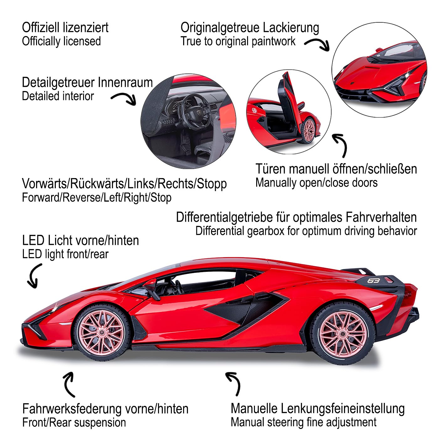 JAMARA Lamborghini Sián FKP 37 2,4 GHz 1:14 drzwi ręczne - samochód RC, oficjalnie licencjonowany, czas jazdy do 1 godziny, ok. 11 km/h, idealnie odtworzone szczegóły, szczegółowe wnętrze, czerwony