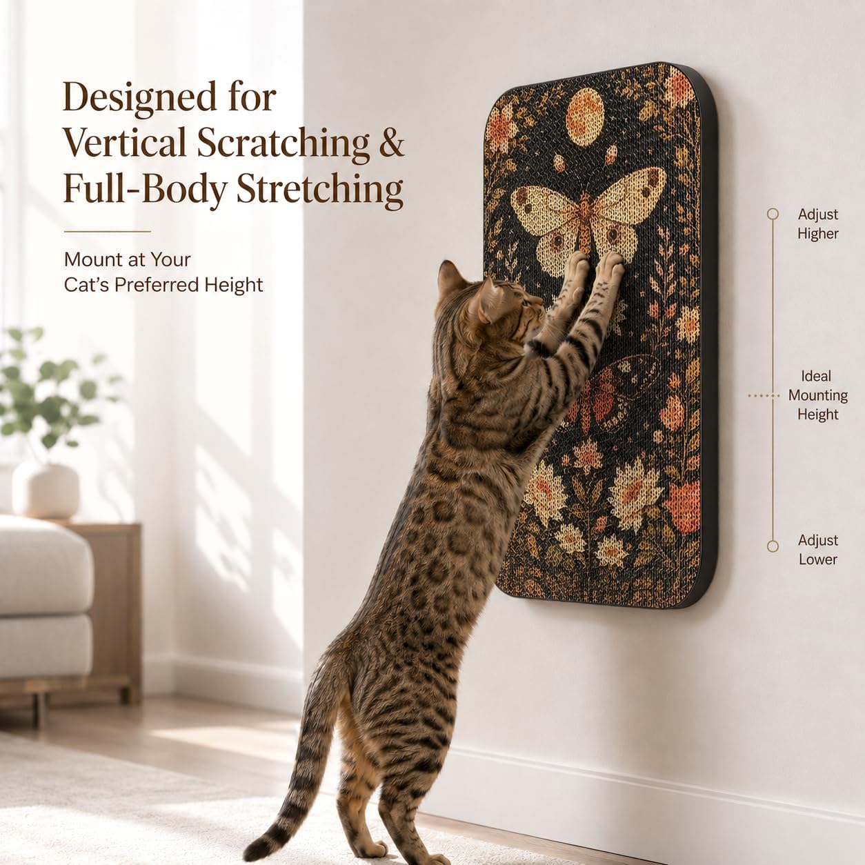 Cat Wall Scratcher, Art Cat Scratching Board for Indoor Cats | Wall Mounted Cat Scratch Pad, Water-Based Ink, Hook&Loop Strips, Floor or Wall Use, 16.7x11x1 Inch, Butterfly 1