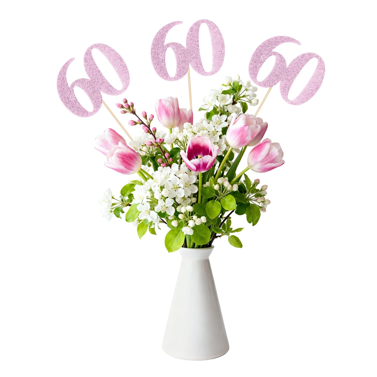 sourcing map 12Pcs 60th Birthday Centerpiece Sticks, Glitter Cupcake Picks Glitter Cupcake Toppers Number Cake Toppers for Birthday Party Anniversary Decoration, Pink