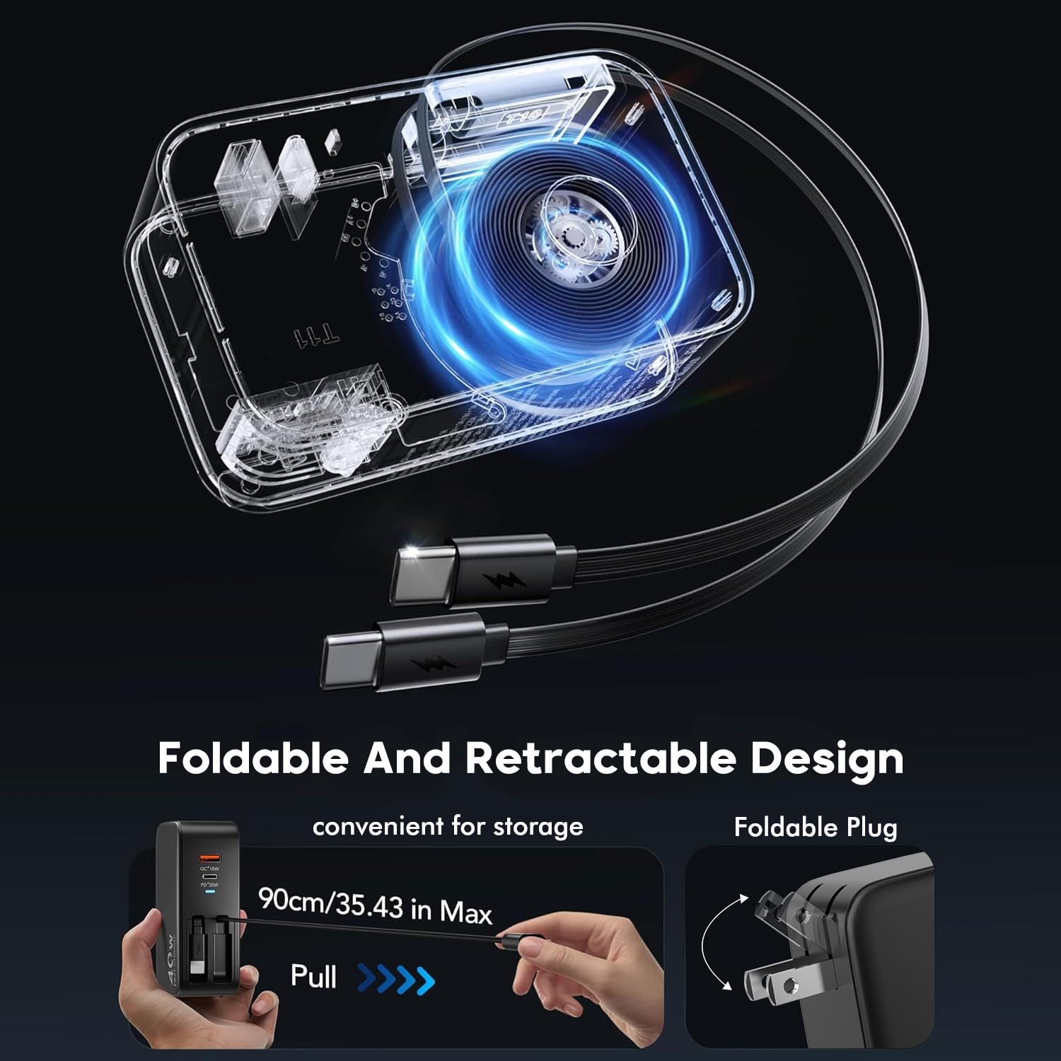 4 in 1 Retractable Wall Charger Fast Charging iPhone 17 Plug,45W Multiport Retractable Phone Charger Foldable Block Dual Port(USB C+USB A) with Dual USB C Cable for iPhone 17/16/15,iPad Pro/Air/Mini