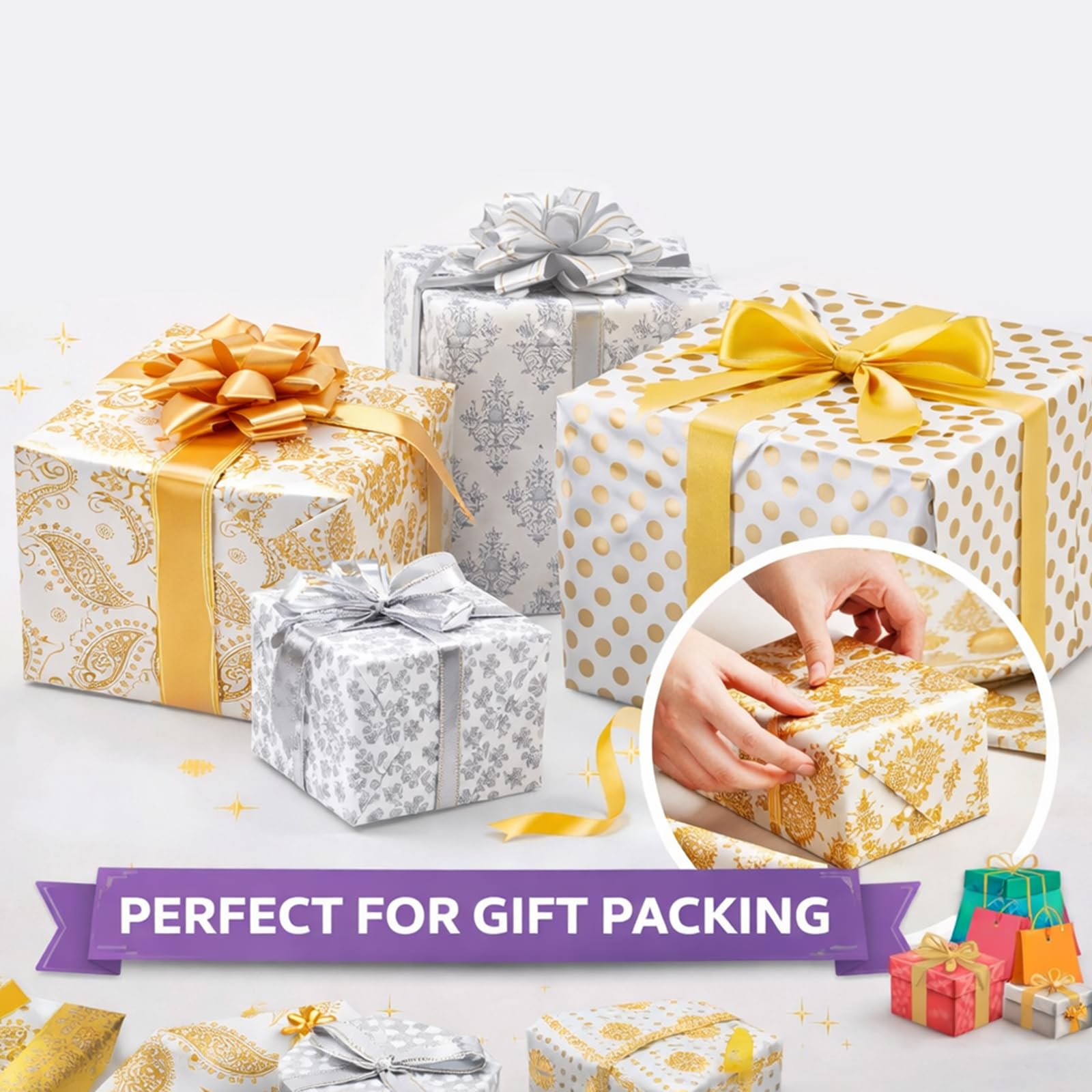 Asian Hobby Crafts Premium Golden & Silver Gift Wrapping Paper (10 Sheets) – Decorative Gift Wrap Sheets for Party Events, Return Gifts, Any Occasions, Craft Projects, DIY Packaging & Creative Gift Packing 1