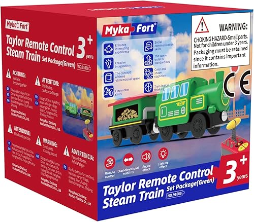 Miniatura 6 de Juego de tren de vapor a control remoto para vías ferroviarias de madera, motor a pilas con licitación y controlador, luces, sonidos, acoplamiento