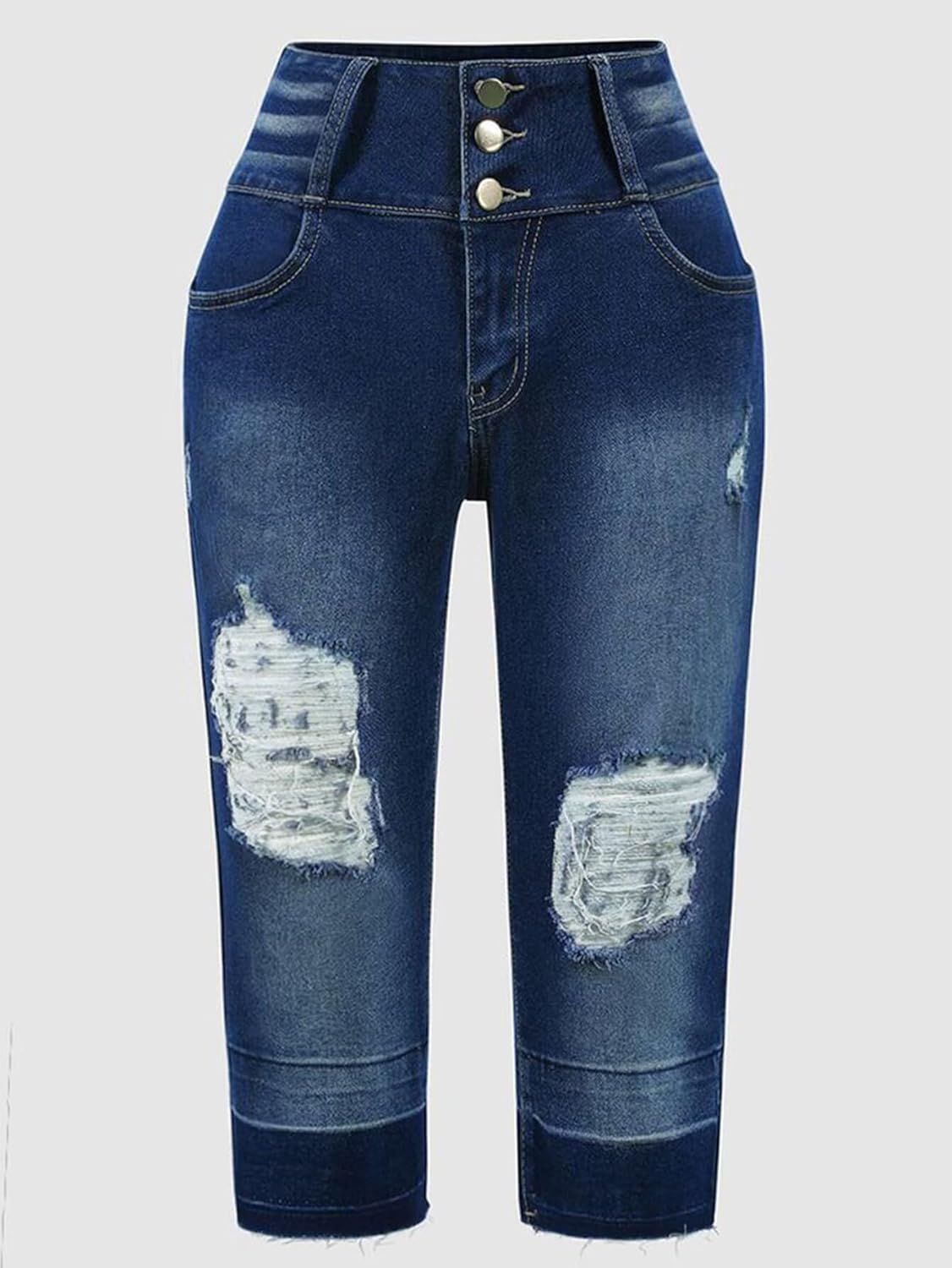 Flamingals Women's Distressed Mid Waist Skinny Jeans Stretchy Button Raw Hem Fall Trendy Denim Capris