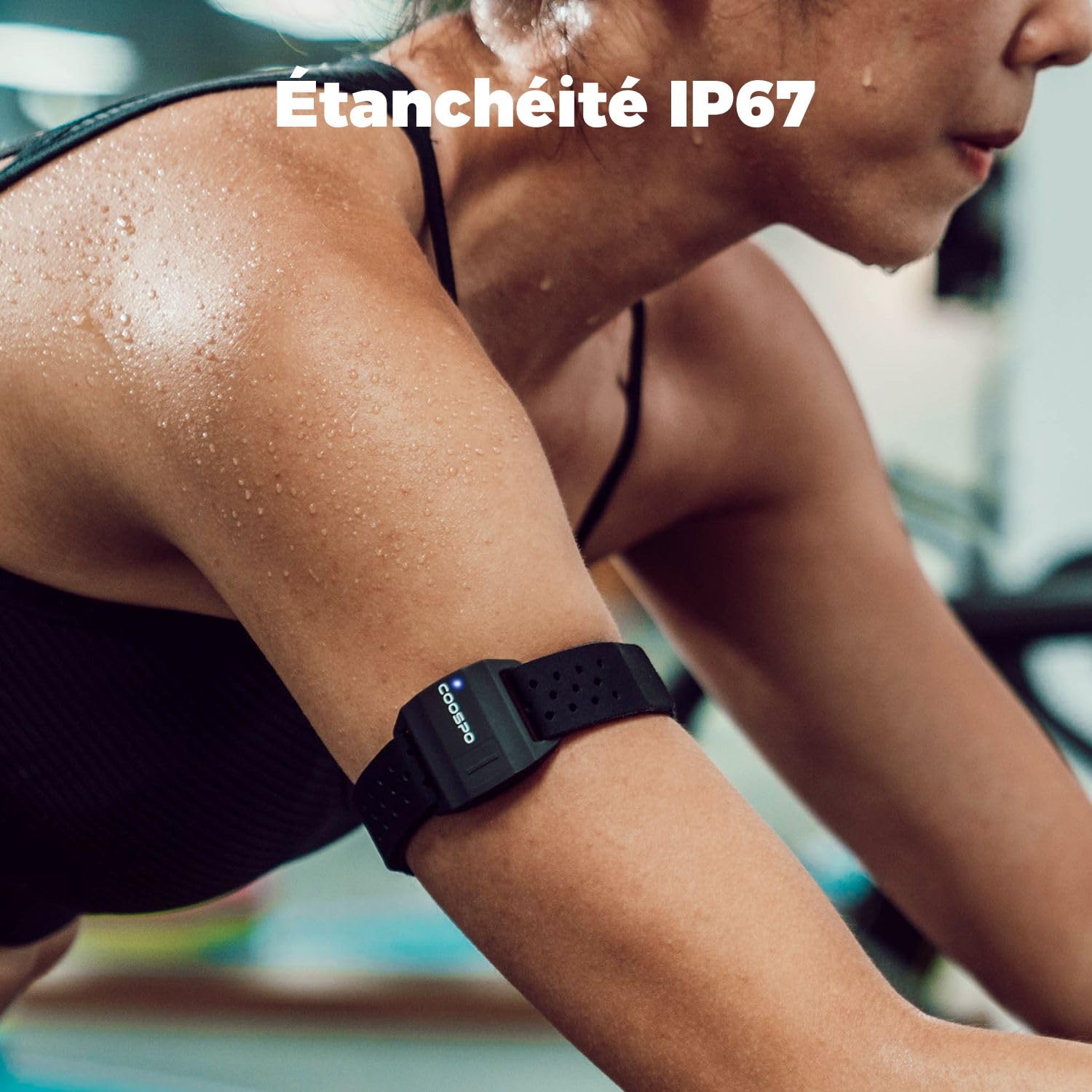 COOSPO Brassard optique Bluetooth 4.0 ANT+ compatible avec iFit Polar Strava Wahoo Garmin Peloton