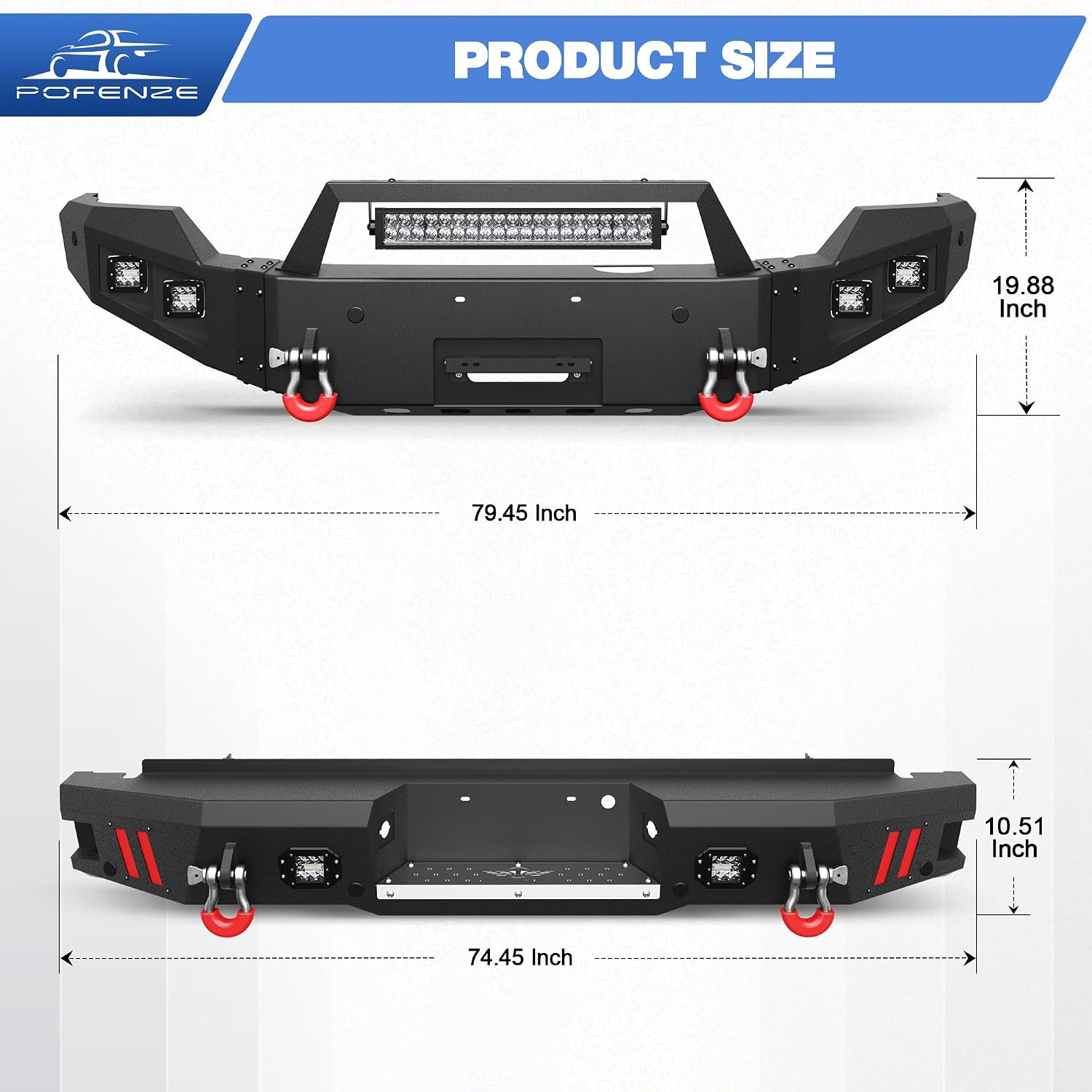 Front Bumper + Rear Bumper Combo w/Winch Plate and LED Lights, Compatible with 2011-2016 Ford F250 F350 F450, Textured Black Stainless Steel Pickup Bumper