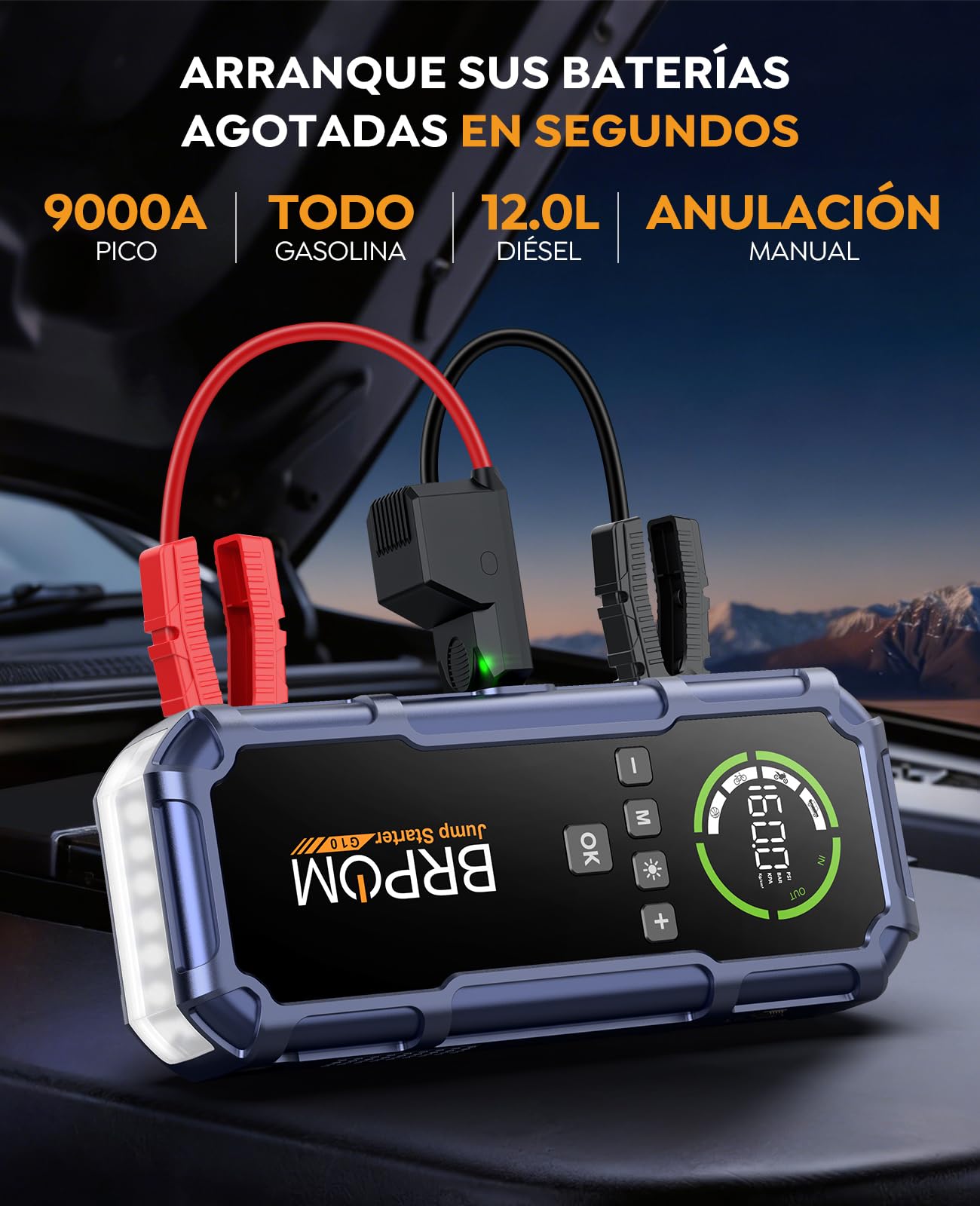 BRPOM Arrancador de Batería Coche 9000A 12V con Compresor 160PSI, Booster Batería Portátil con Inflador Neumáticos, Pantalla LED, Luz 600LM, Pinzas Inteligentes, para Coches y Motos