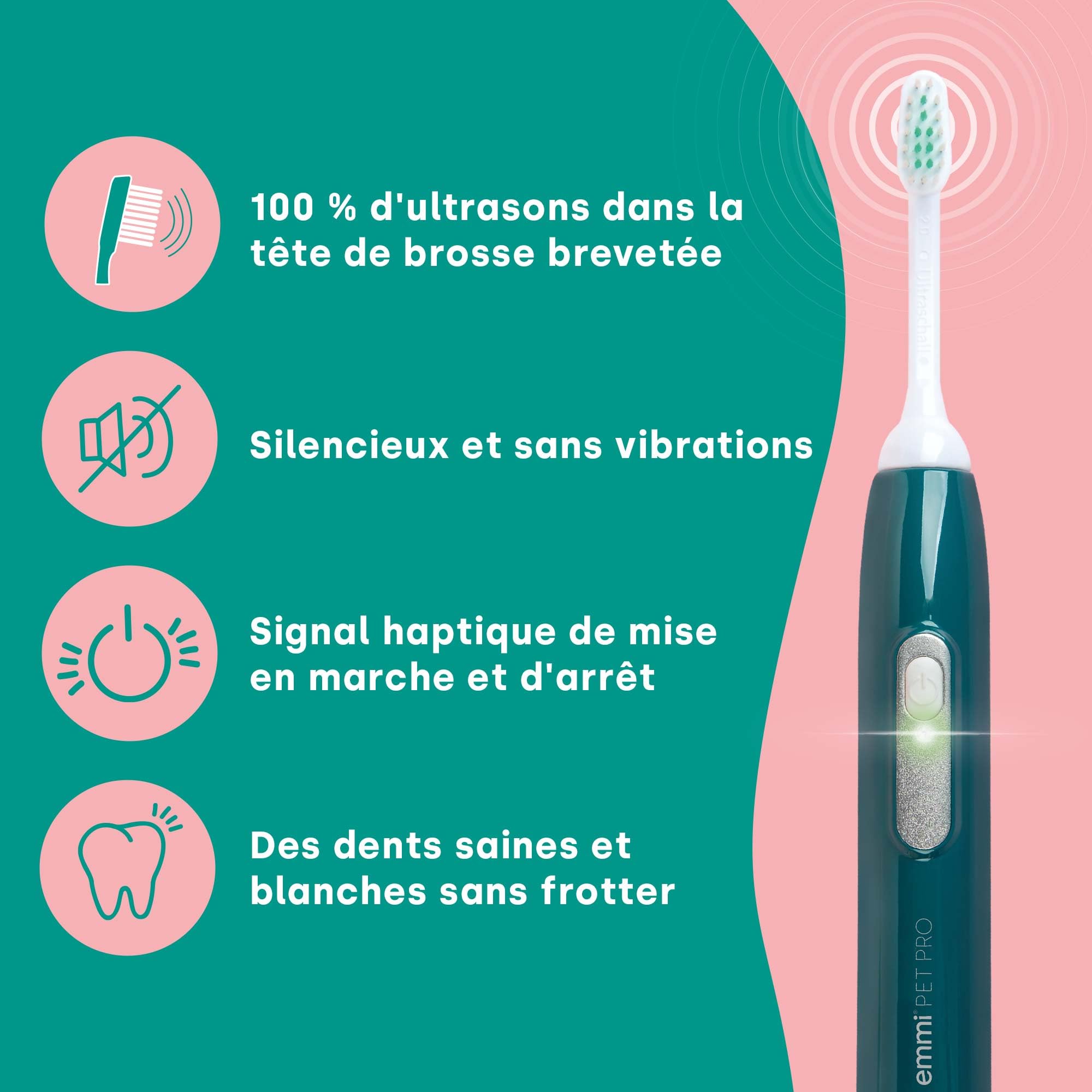 emmi-pet PRO Brosse à dents ultrasonique pour chiens - Brosse à dents silencieuse pour chiens et chats sans frottement avec 96 millions de vibrations - Prévient le tartre et les inflammations