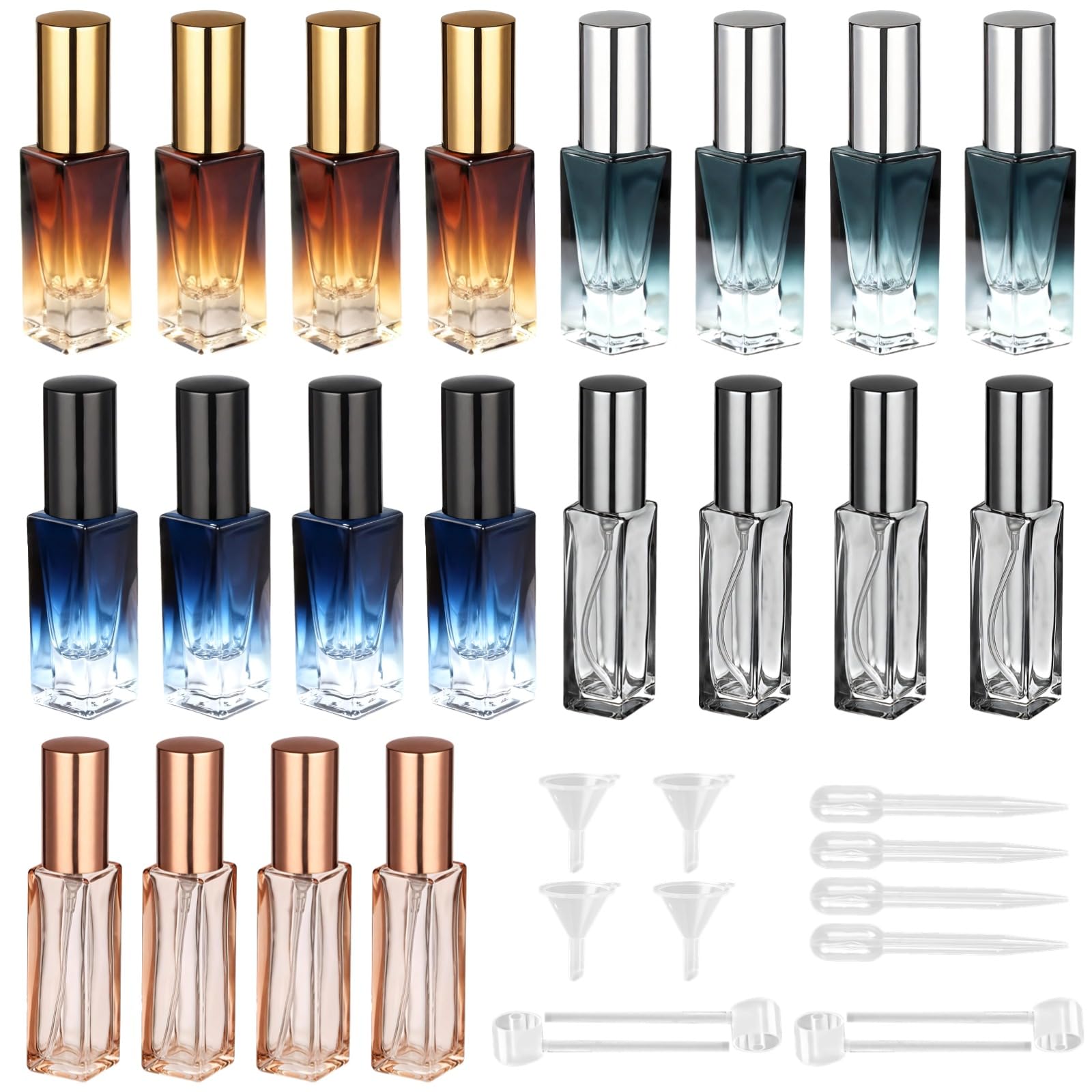 Zestaw 20 butelek podróżnych na perfumy, 8,5 ml i 10 ml, gradientowe szklane pojemniki z rozpylaczem, szczelne dysze, przenośne rozpylacze zapachowe do wielokrotnego napełniania do podróży, torebki i