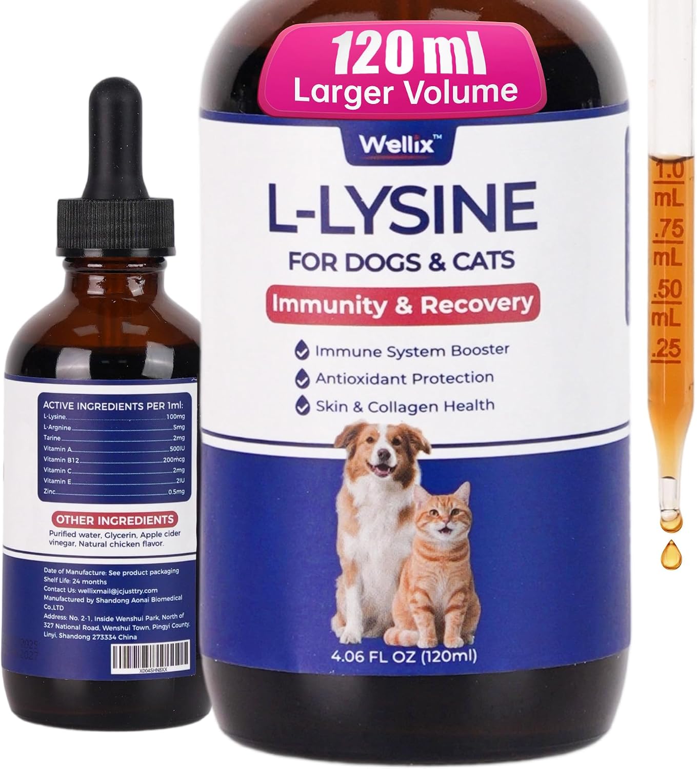 Wellix 4 fl oz Large Volume Liquid L-Lysine Drops for Cats & Dogs, Chicken