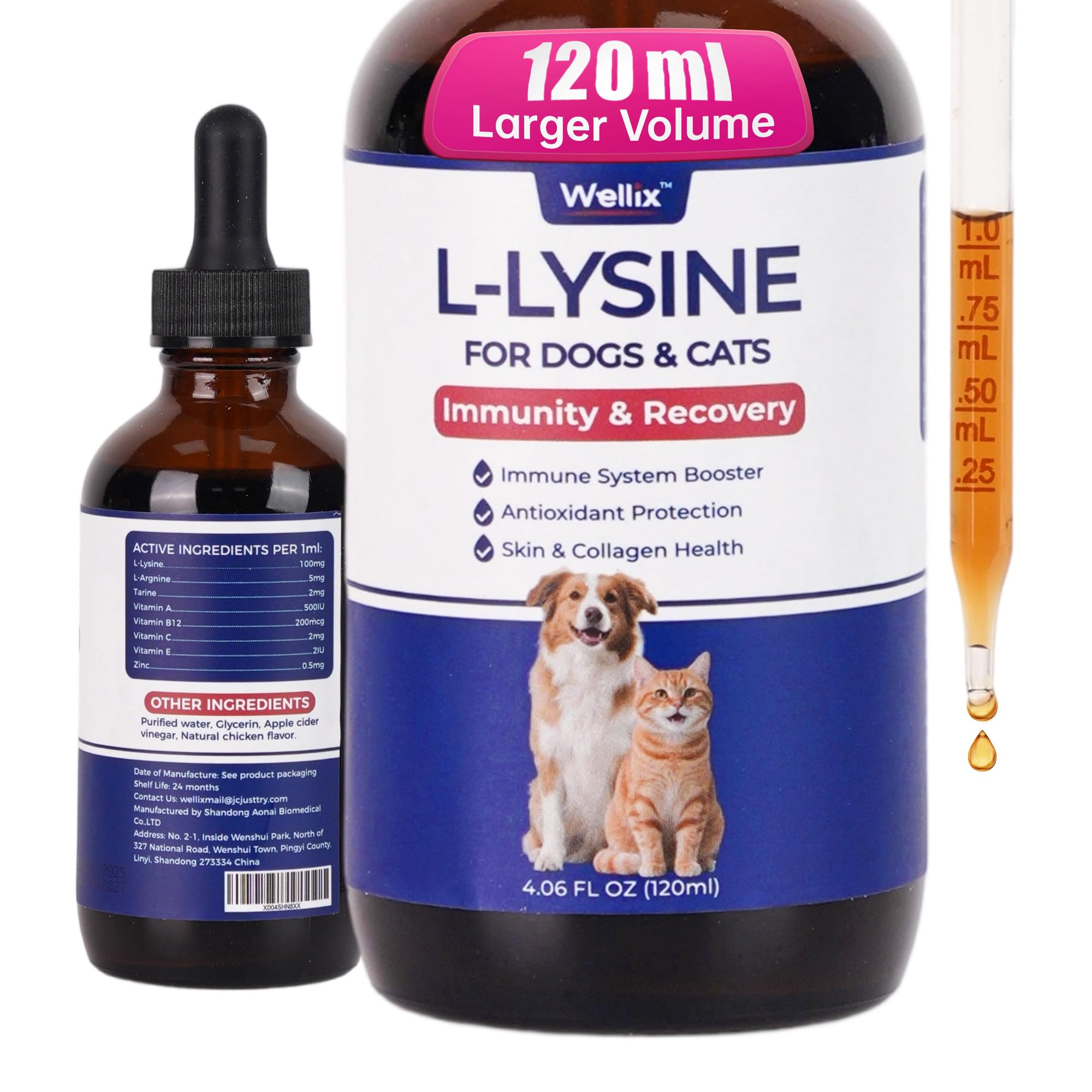 Wellix L-Lysine Drops for Cats & Dogs - Immune&Respiratory Support - 120ml