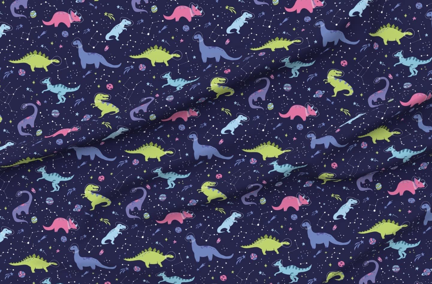 Spoonflower Fabric - Space Dinosaurs Tiny Dinos Astronaut Kids Dino Shower Outerspace Printed on Organic Cotton Sateen Fabric by The Yard - Sewing Quilting Apparel Home Decor