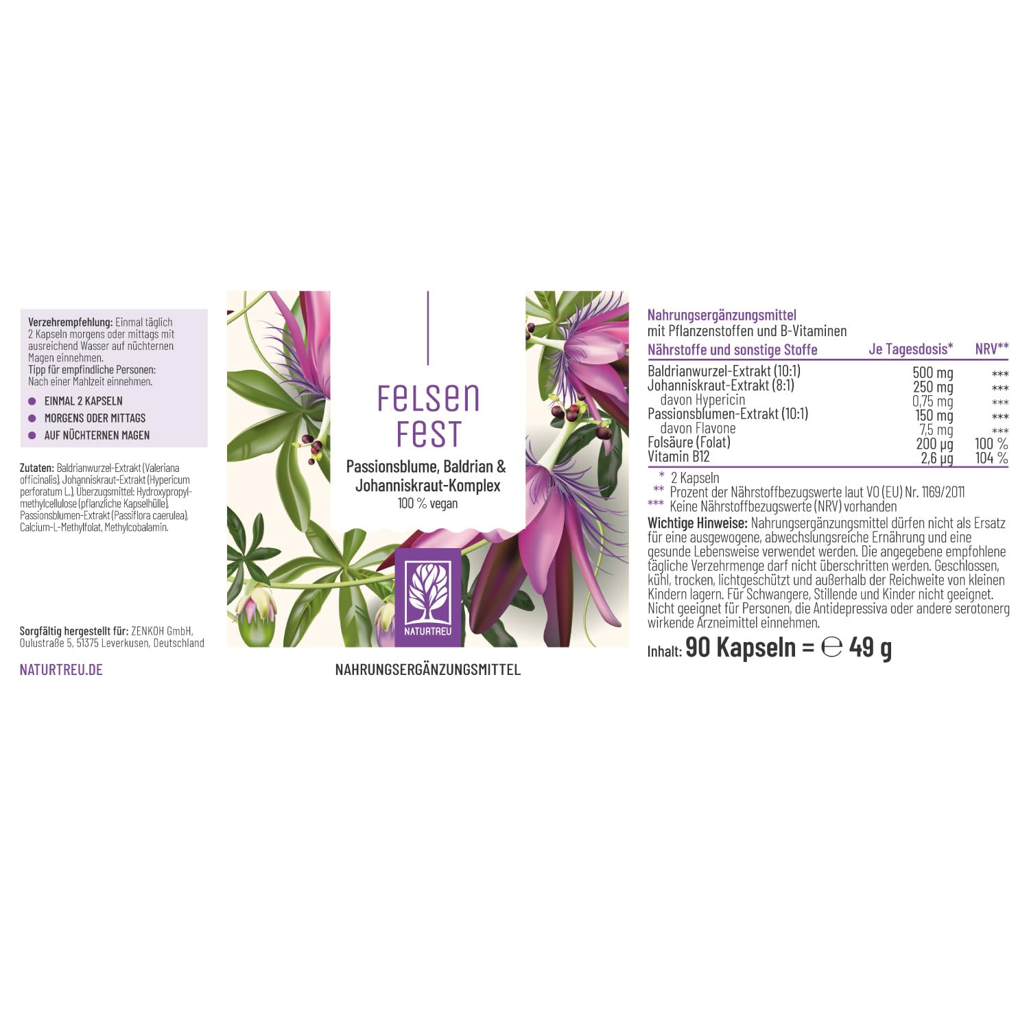 FELSENFEST - Johanniskraut Baldrian Passionsblume Kapseln hochdosiert - Vergleichssieger * - St Johns Wort mit Folsäure & B12 - Vegan - 90 Kapseln
