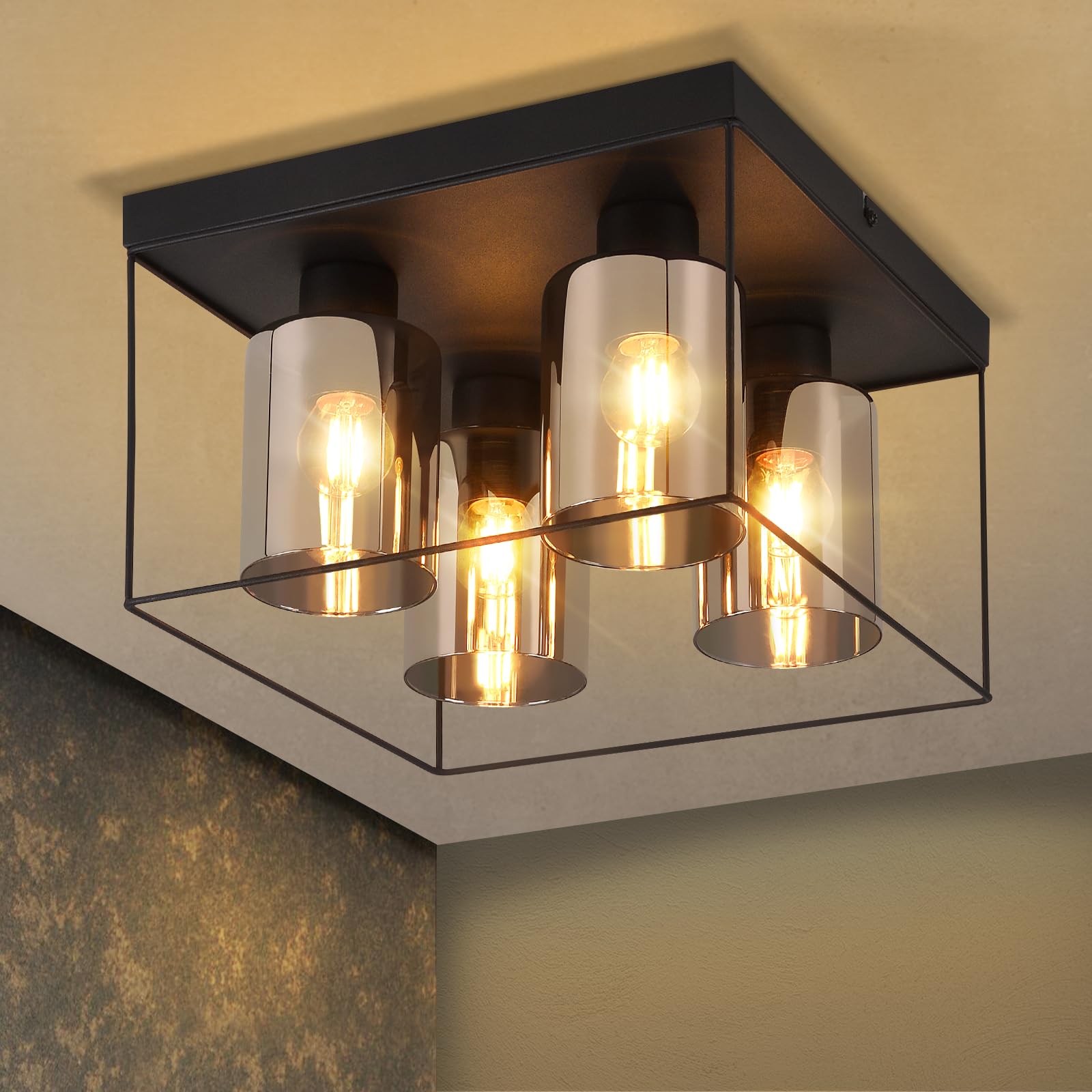 CBJKTX Lampa Sufitowa Przedpokój Lampa Sufitowa Szkło - E27 Vintage Lampa Przedpokój z Czarnym Metalowym Sufitem Styl Industrialny Retro Lampa Sypialnia (bez żarówki) (4 Płomień)