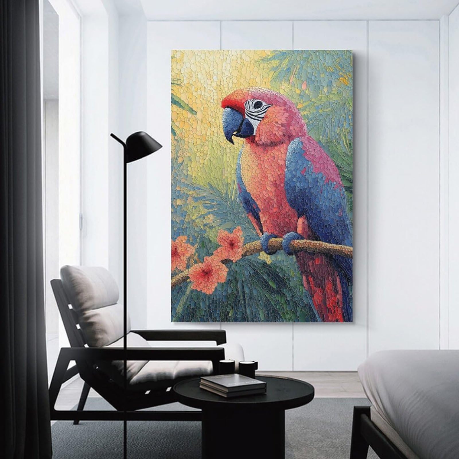 Junmoney Mosaic Parrot with Flowers Wall Art Print, 24x36inch(60x90cm), for Entryway, Lounge Links Or Small Walls, Decorative Wall Art for Narrow Spaces