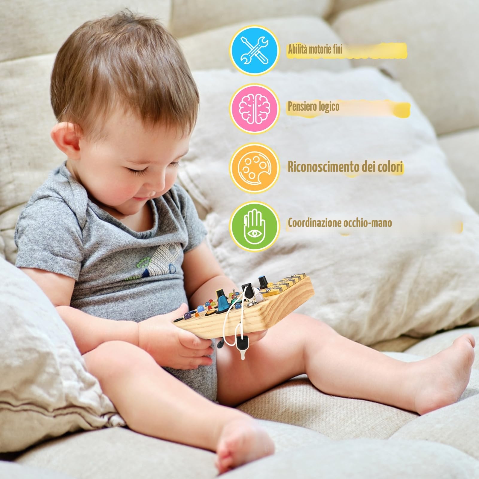 Joyreal Montessori Busy Board, Pannello Sensoriale Bambini Montessori in Legno con 19 LED, Giochi Educativi Regalo Bimbo 1 2 3 Anni, Tavolo Multiattivita Bambini