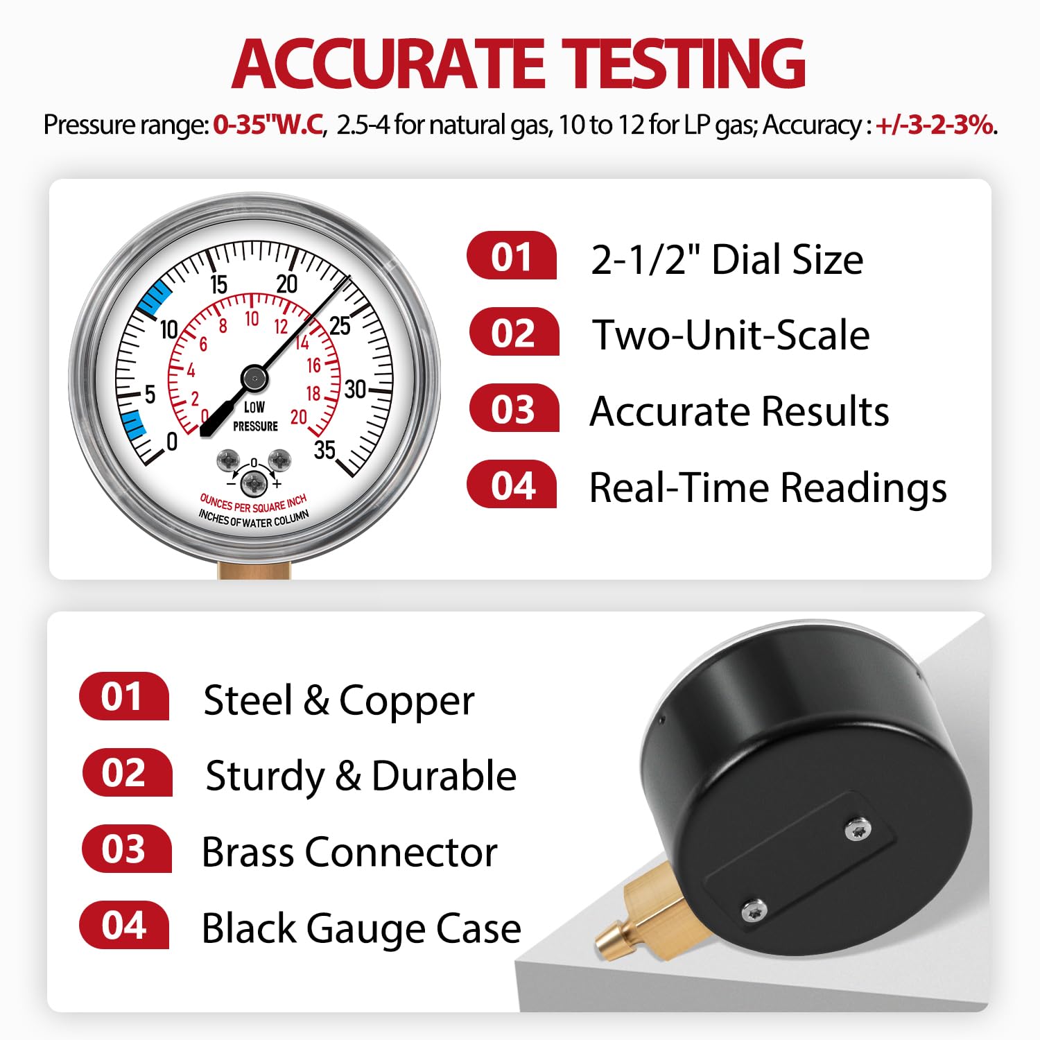 Natural Gas or LP Gas Manifold Pressure Test Kit, LP Gas Pressure Tester, Gas Manometer, Natural Gas Meter, with 1/8” NPT Brass Connector, 40" Hose, 0-35" W.C