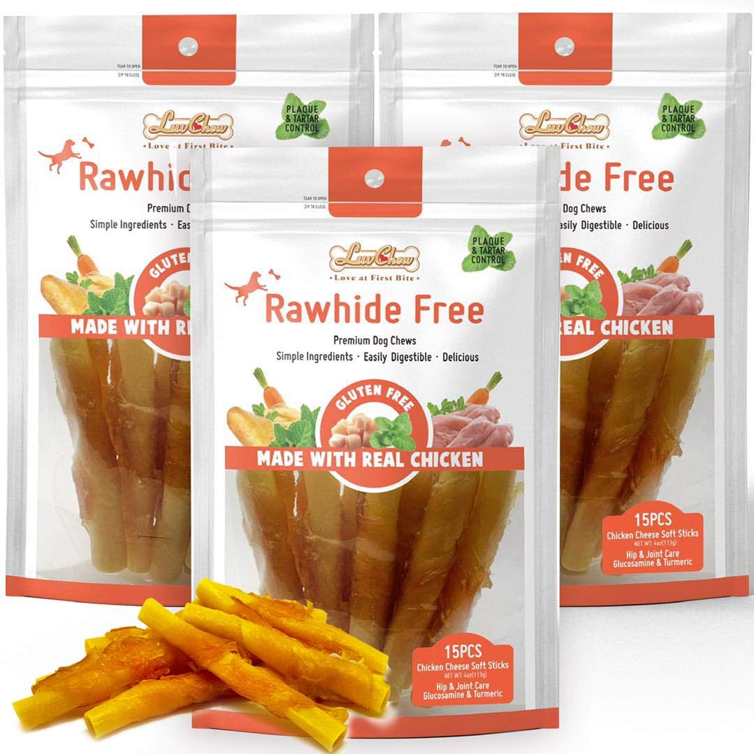 Chicken Wrapped Dog Bone Treat Sticks with Turmeric, Easy to Digest, Non-Rawhide Soft Chicken Cheese Dog Chew Treats 15pcs/Pack (Medium 4.5" 15pcs/Pack x 3packs)