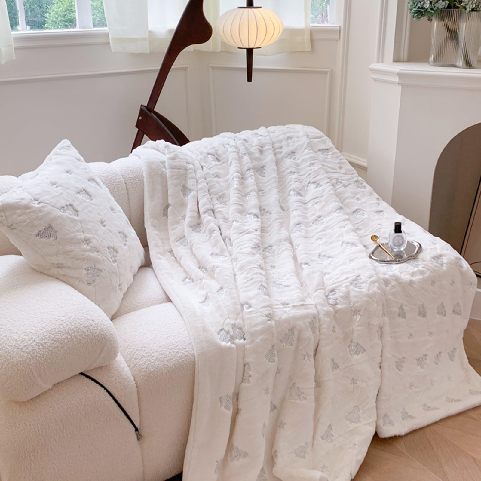 Manta NavideñA TamañO King Blanca, Mantas de Piel SintéTica de Conejo Borroso de Felpa Suave - Almohada Decorativa para Sofá SillóN Sala de Estar Cama(A+Pillow*2/39 * 59")