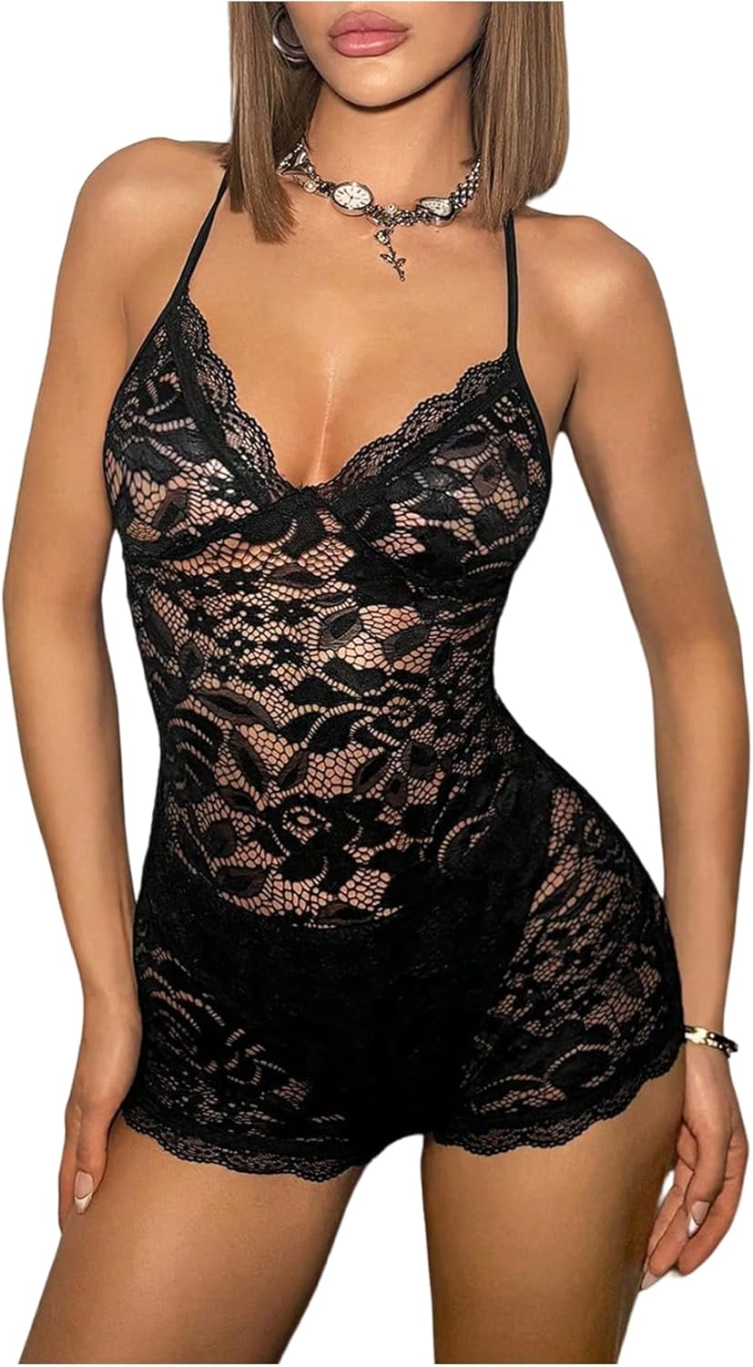 MakeMeChic Women's Floral Lace Jumpsuit Sheer Halter Romper Backless Party Sexy Clubwear