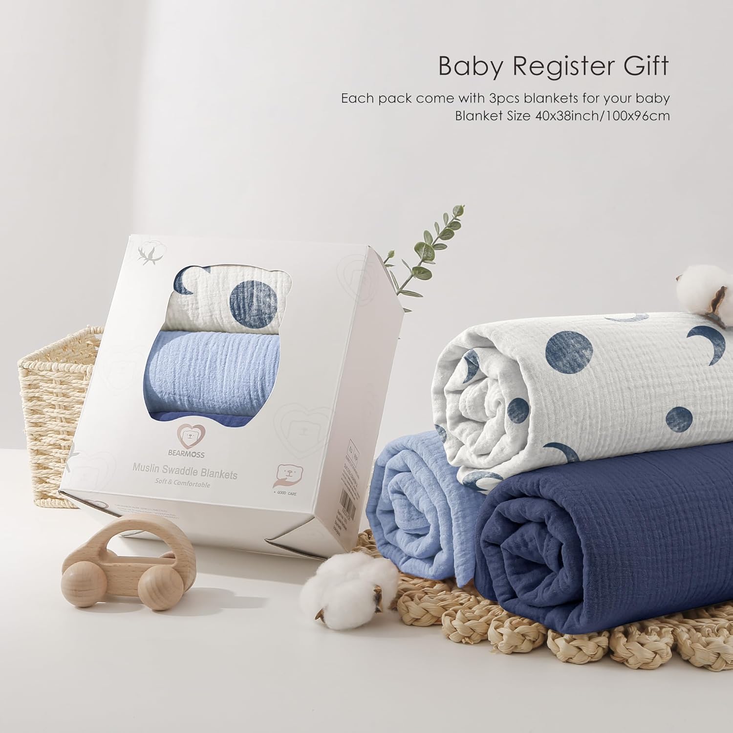 Bearmoss Muslin Swaddle Blankets, 40 x 38 inches Baby Swaddle for Boys and Girls, Soft Baby Blanket, 3 Pack Breathable Nursery Receiving Blankets (Bluemoon) - Image 6