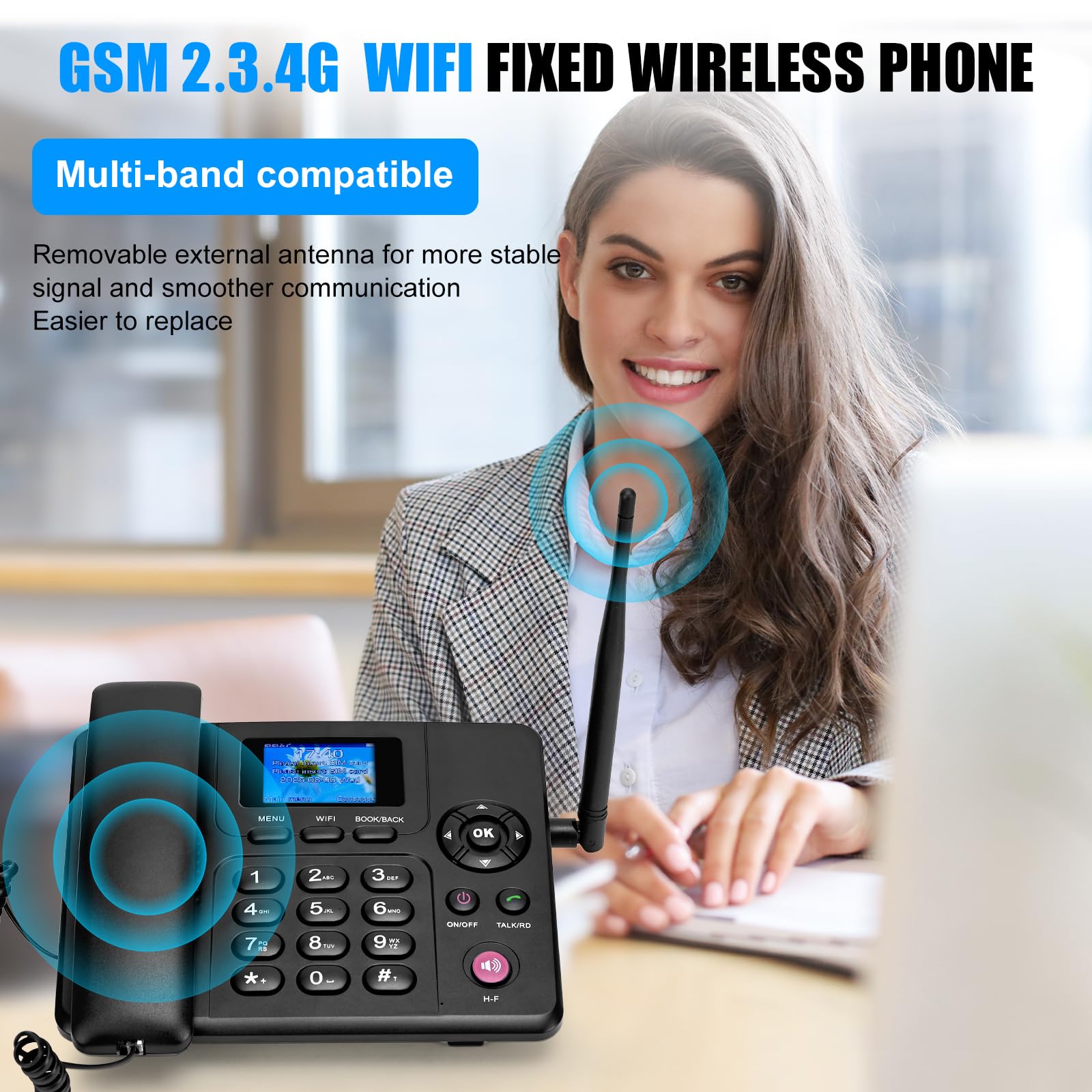 Lychee 2,3,4G Schnurloses Festnetztelefon - Dual SIM, WiFi - Mehrsprachig, großes Farbdisplay mit Hintergrundbeleuchtung- Abnehmbare Antenne- Tischtelefon für Büro/Hotel/Wohnungen