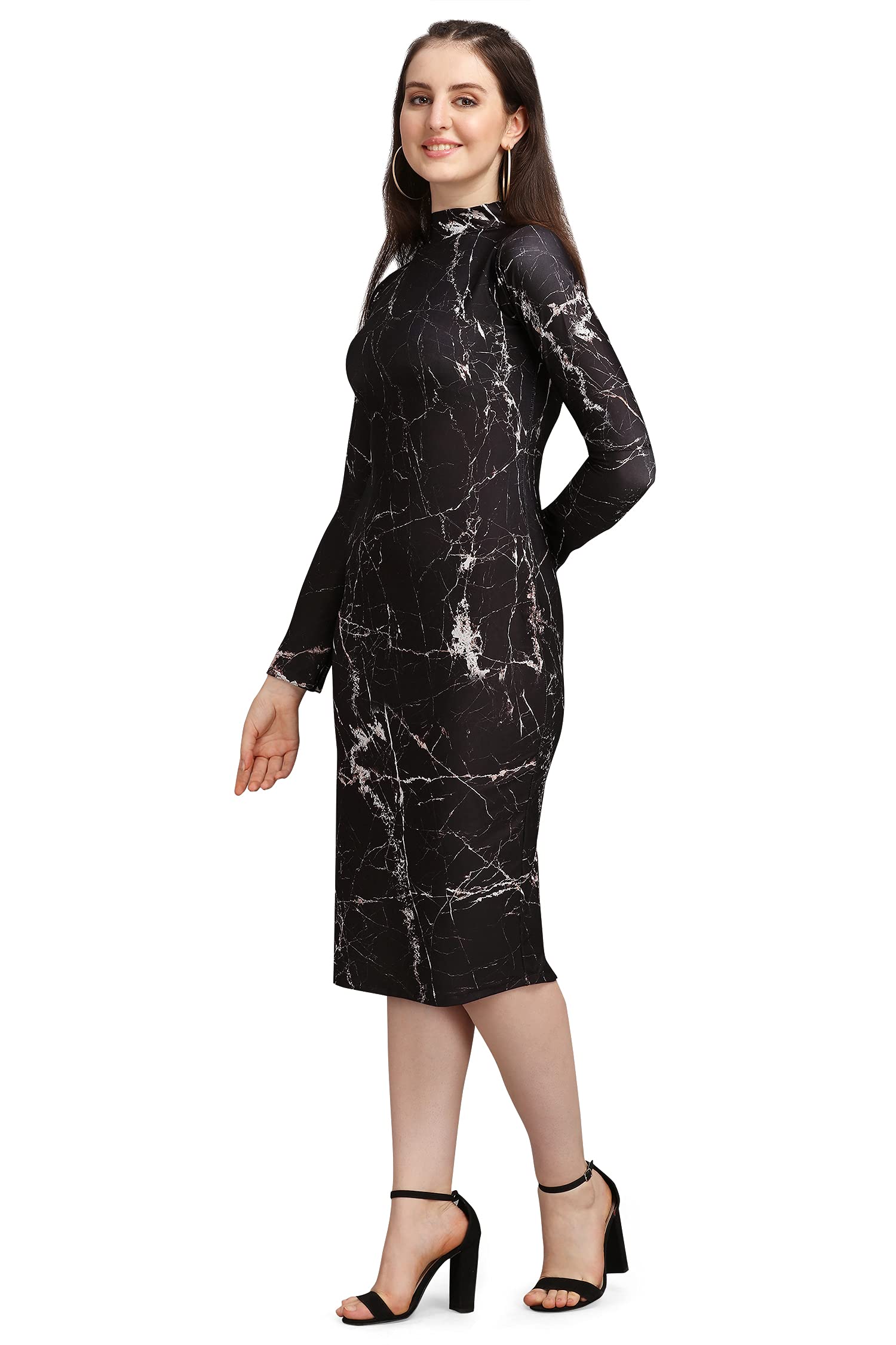 Purvaja Women's Polyester Blend Bodycon Knee Length Cocktail Dress (Siri-Turtle-Black-L