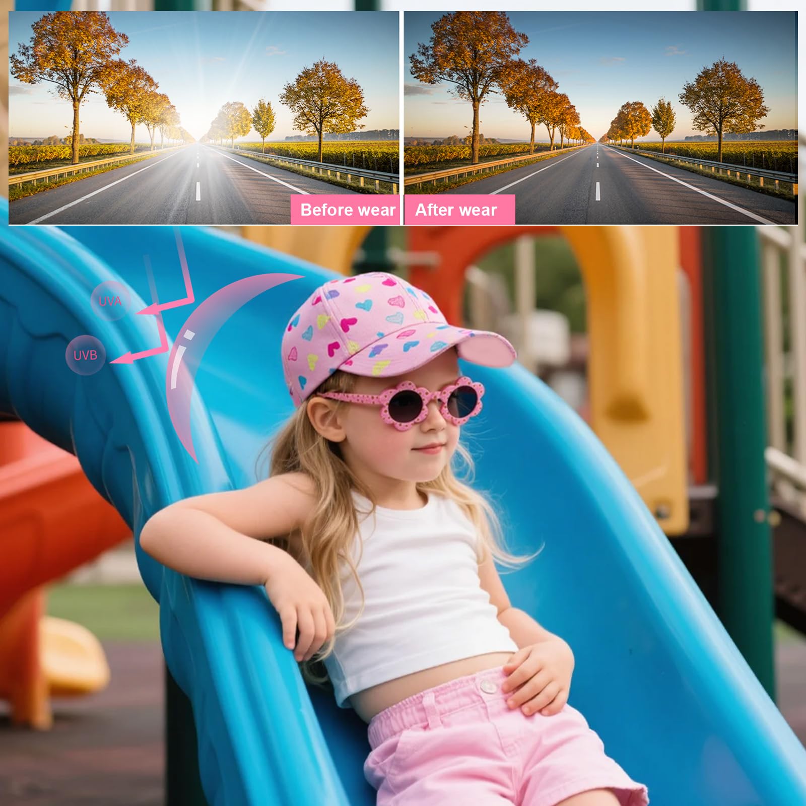 Gorra de niña con Visera + Gafas de Sol Florales Set de Verano Transpirable Ajustable 52-56 cm Rosa
