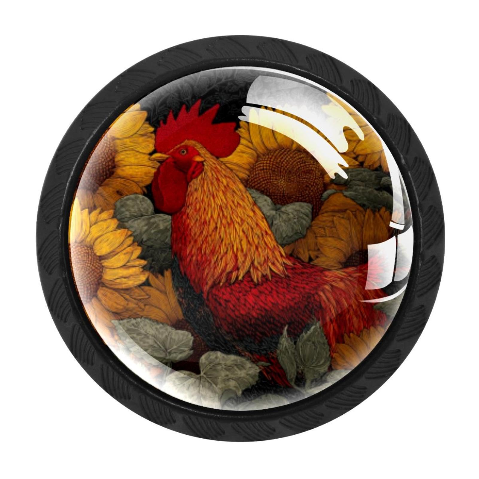 CHENZZZZ 4 Pieces Round Cabinet Knobs Rustic Dresser Knobs, Drawer Cupboard Wardrobe Cabinet Pulls Handles Hardware for Home Kitchen Furniture, Rooster Sunflowers (15)