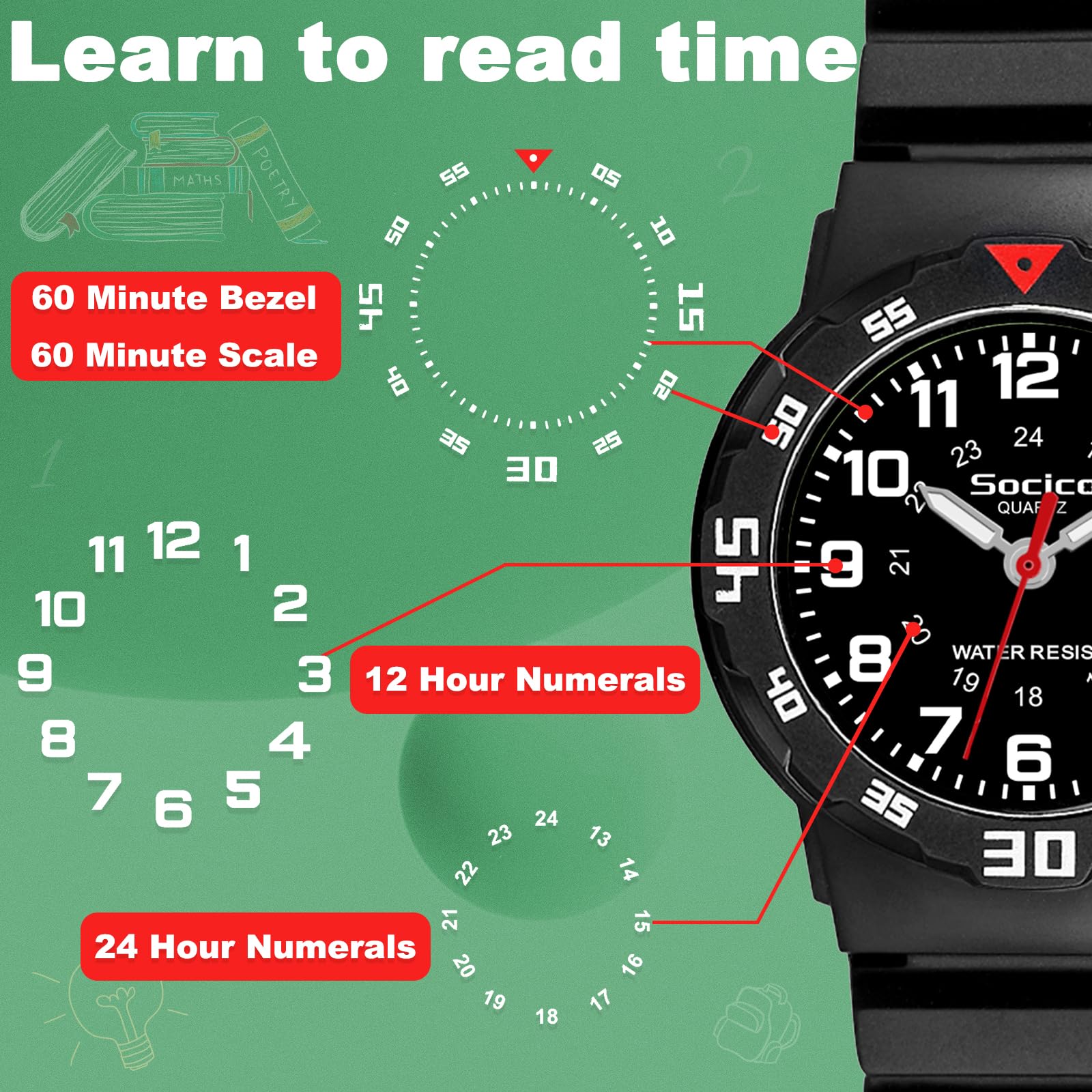 SOCICO Reloj mecánico para niños, Apto para niños de 3 a 12 años, diseño Resistente al Agua, función de Aprendizaje de la Hora, fácil de Leer, un Regalo excelente