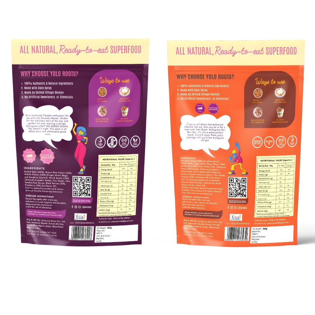 Yolo Roots Multigrain Crunchy Muesli 400g & Roasted Multigrain Peri Peri Namkeen 300g Combo, No Added Sugar Breakfast Cereal & Non Fried Healthy Snack, High Fiber Energy Food (Pack Of 2)