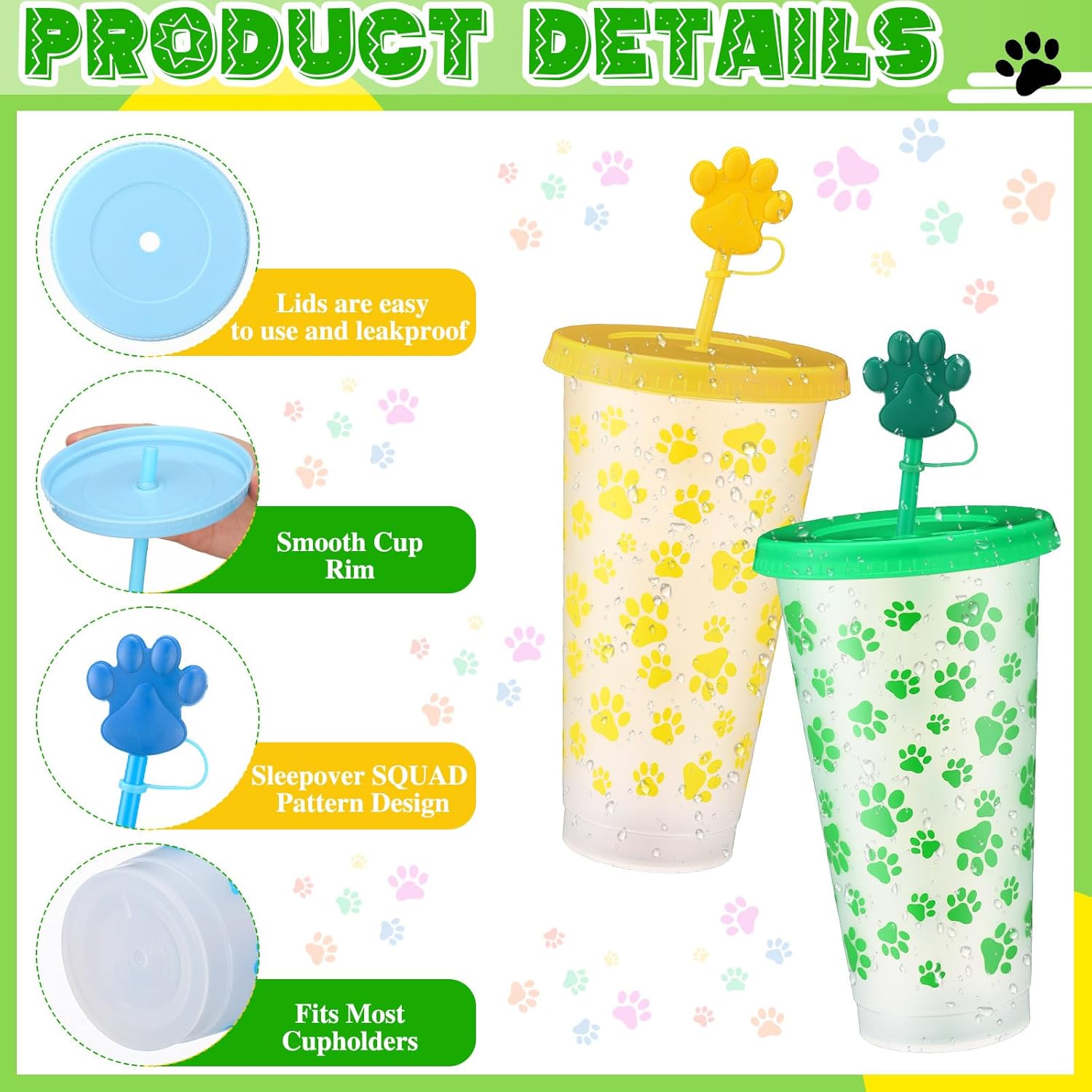 12 Sets Dog Paw Party Plastic Cups with Straw and Lid Straw Stoppers 24 oz Plastic Tumblers Cute Print Puppy Drinking Cup Bulk for Vet Tech Appreciation Gift Birthday Puppy Theme Party Favors - Image 3
