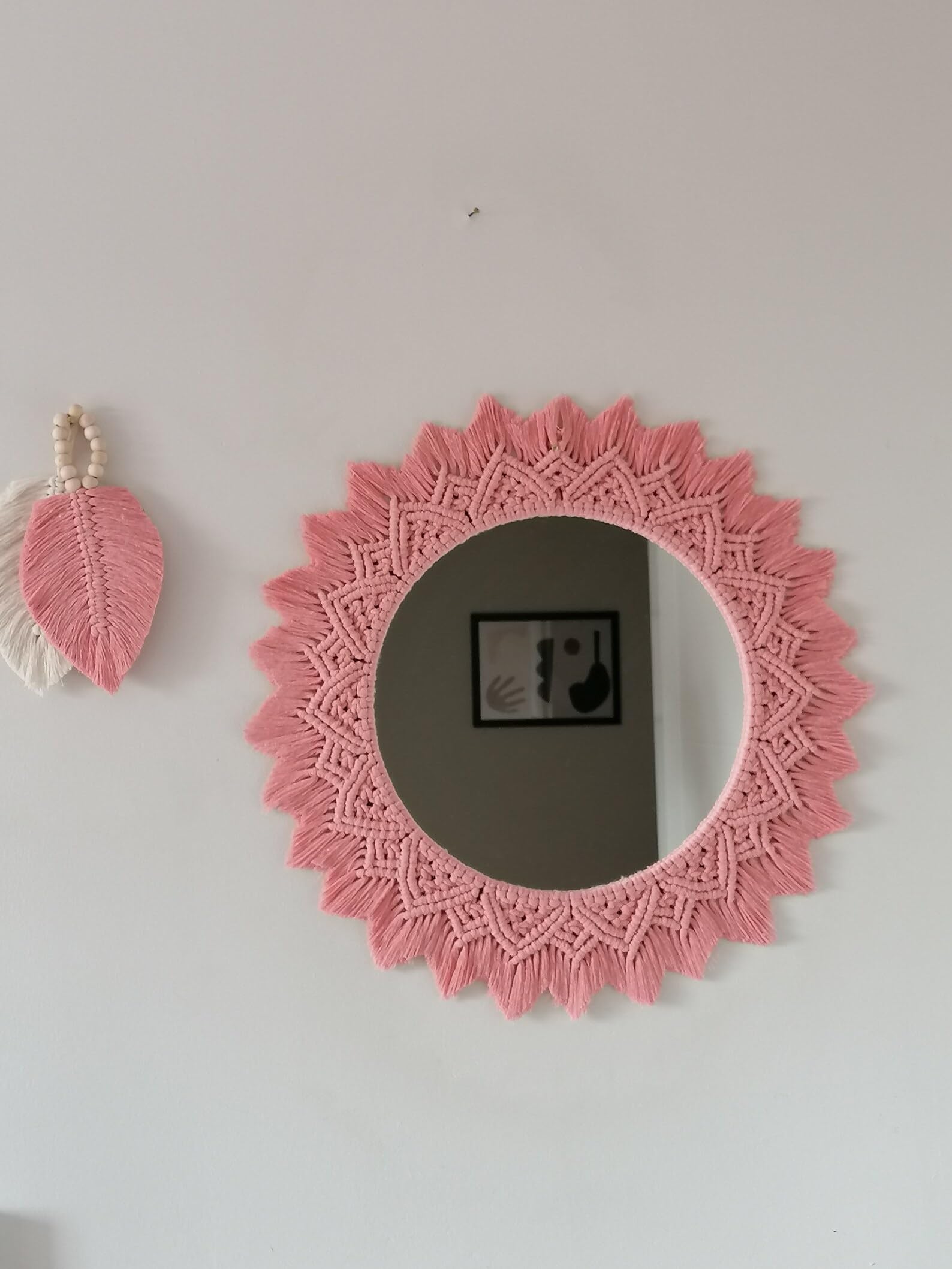 ARSHLAZA Pink Color Macrame Hanging Wall Mirror, Boho Decor, 17.5" Diameter, 9" Mirror, Wall Mount-image-34