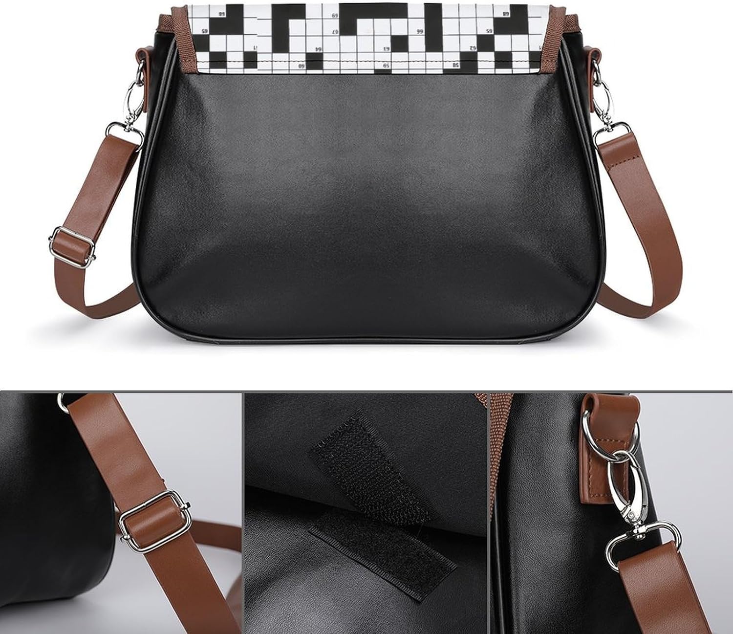 Crossword Puzzle PatternWomen's Faux Leather Crossbody Bag, Waterproof Wrinkle-Resistant Shoulder Bag with Detachable Strap, Large Capacity Casual Handbag, Fashion Daily Purse for Shopping Work Dating