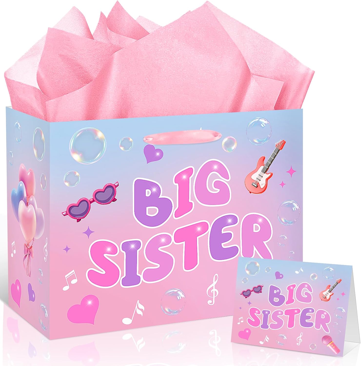 Big Sister Gift Bag for Girls, Butterfly Theme Big Sister Gift Bag with Tissue Paper and Greeting Card Light Purple Wrapping Paper Cute New Sister Party Decoration for Little Girl Birthday Party Supplies