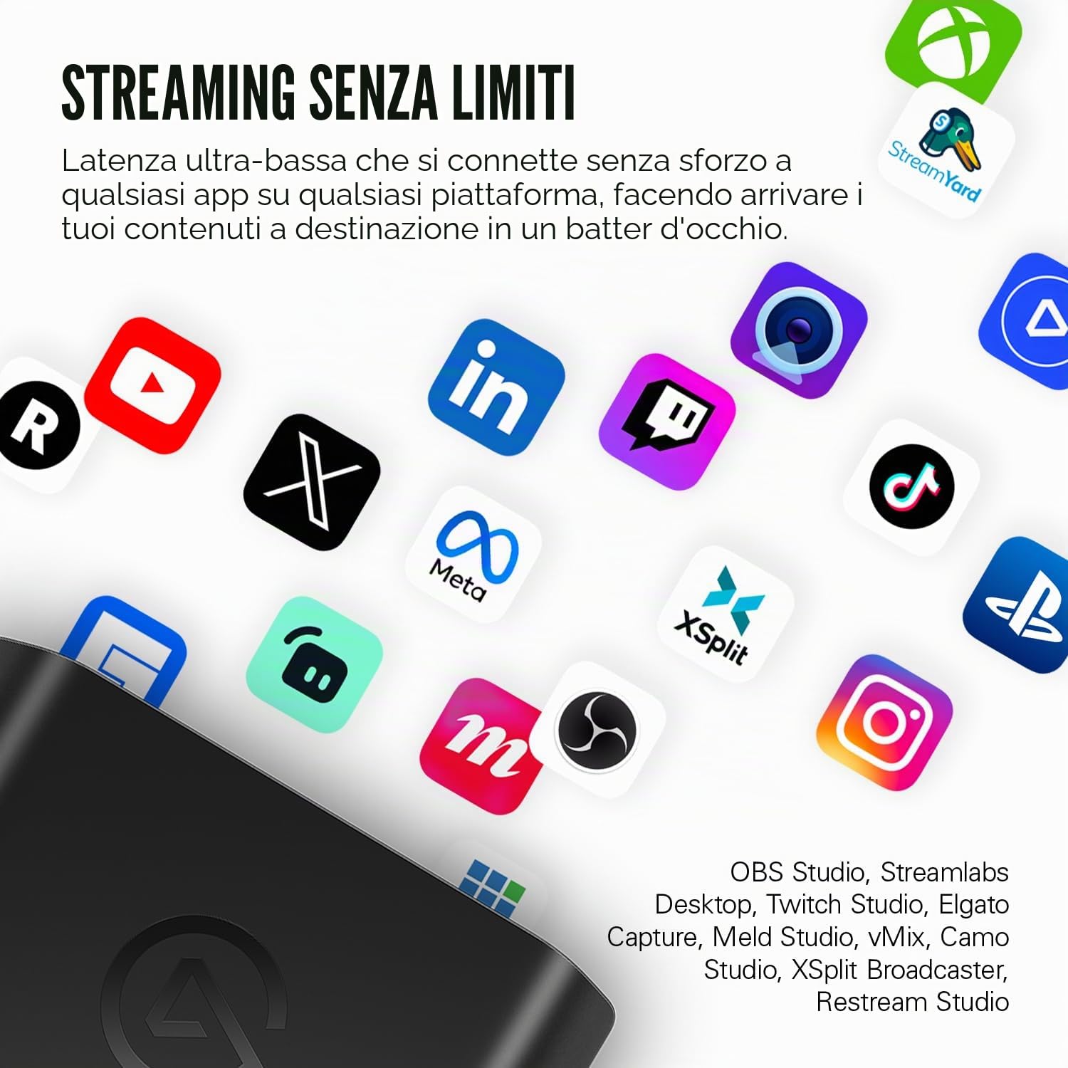Elgato 4K X - Cattura 4K144 con Latenza Ultra-Bassa su PS5|Pro, Xbox Series X|S, Nintendo Switch 2, OBS e Altro, HDMI 2.1, VRR, HDR10, USB 3.2 Gen 2, per Streaming, Compatibile con PC|Mac|iPad | Password VRR, HDR10, acquisizione fino a 1080p240, USB 3.2 G