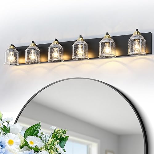 Vista 26 de Luces de tocador para baño grandes de 31.5", lámpara de tocador rústica de granja con pantallas de vidrio burbuja, gris, accesorio de iluminación