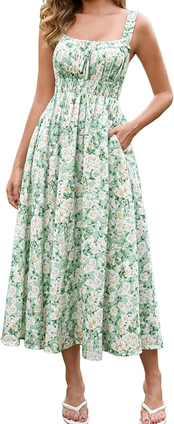 XinFSh Womens Summer Floral Corset Wedding Guest Midi Dress Square Neck Flowy A Line Vacation Long Sundress with Pockets