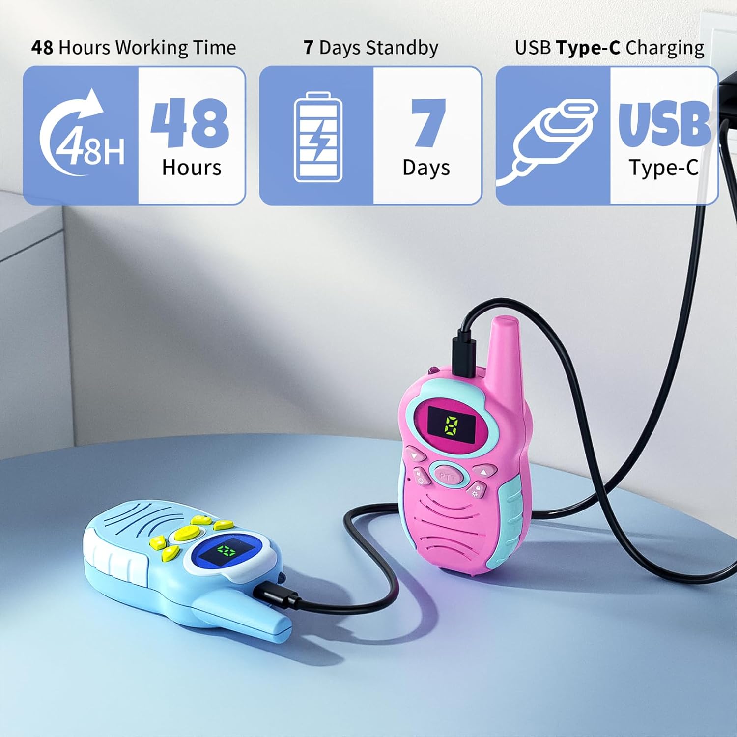 Two walkie talkies, one blue and one pink, connected to USB-C charging cables on a table, with icons indicating 48 hours working time, 7 days standby, and USB Type-C charging.
