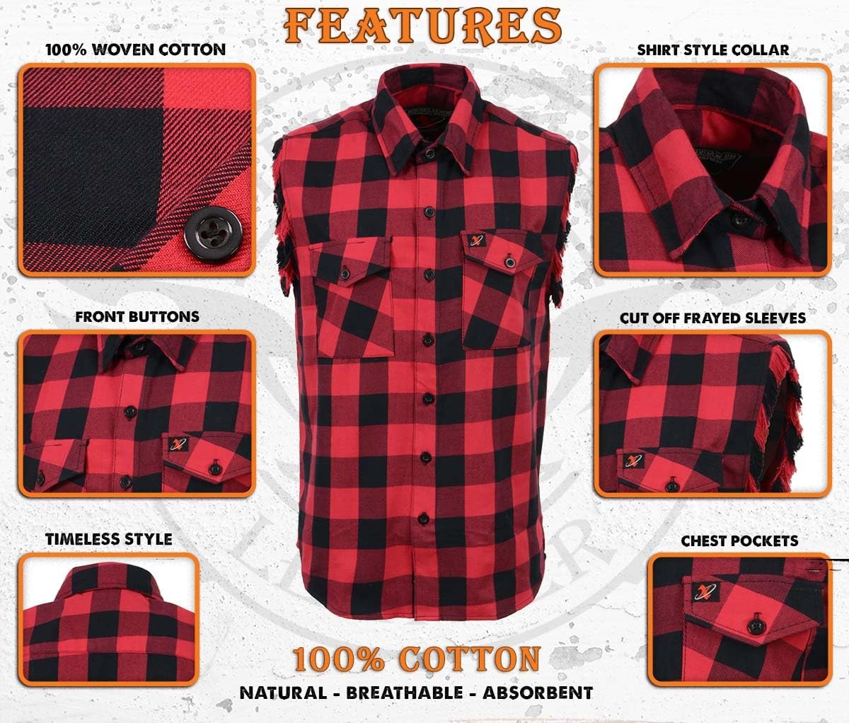 Milwaukee Leather MNG11692 Men’s Classic Black and Red Button-Down Flannel Cut Off Frayed Sleeveless Casual Shirt - Image 4