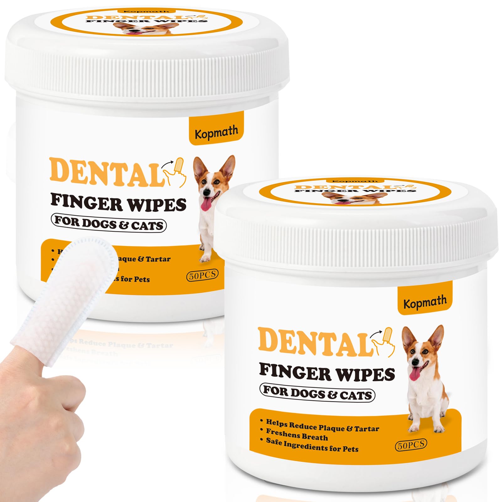 Kopmath Dental Care Finger Wipes for Dogs & Cats, Reduces Plaque & Tartar, Freshens Breath, Pre-Soaked Pet Teeth Wipes, Easy to Use Disposable Oral Cleaning Pads, 100 Count
