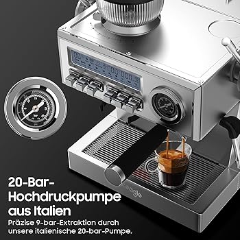 iceagle Cafetera Espresso con bomba italiana de 20 bar, Molinillo, Manual Portafiltro, Máquina de Café con Espumador de Leche y Kit Barista, 3 Temperaturas, 25 Niveles de Molienda, 1,6 Litros, Acero I1