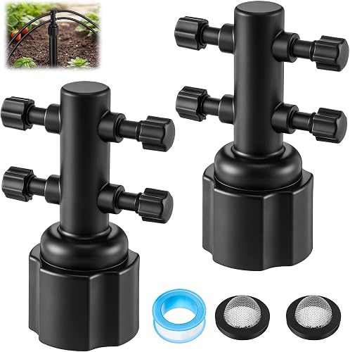 2 Pack 1/4" Drip Irrigation Manifold, 4 Port Sprinkler Adapter for 1/2" Sprinkler Riser, Built-in Filter for Stable Water Flow, Drip Irrigation Parts for Lawn & Garden Watering Systems