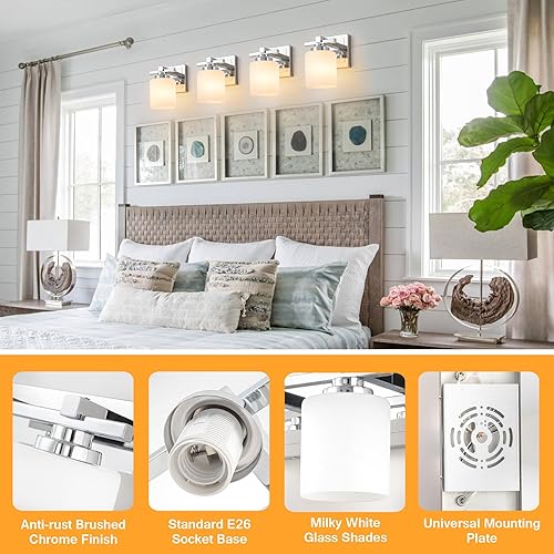 Miniatura 3 de 1 lámpara moderna de baño sobre espejo, luces cromadas para pared de baño con pantallas de vidrio blanco lechoso, enchufe E26 (bombillas no