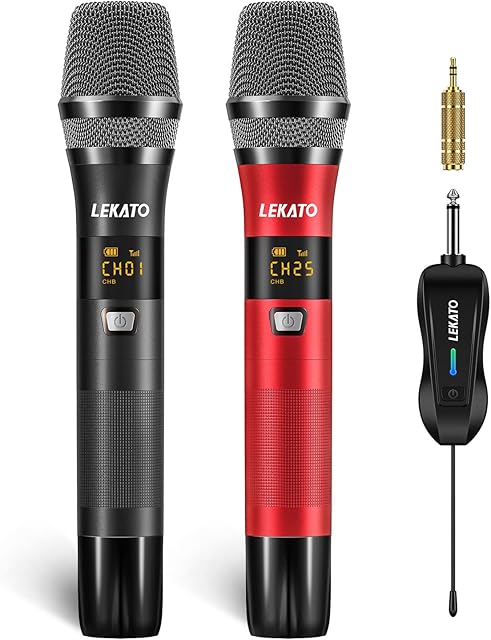 LEKATO Dual Wireless Microphones Singing Mic with 25 Channels Rechargeable Microphones Handheld Metal Microphone Set for Karaoke Wedding, DJ, Party, Speech,Church,Meeting 160ft Working Distance