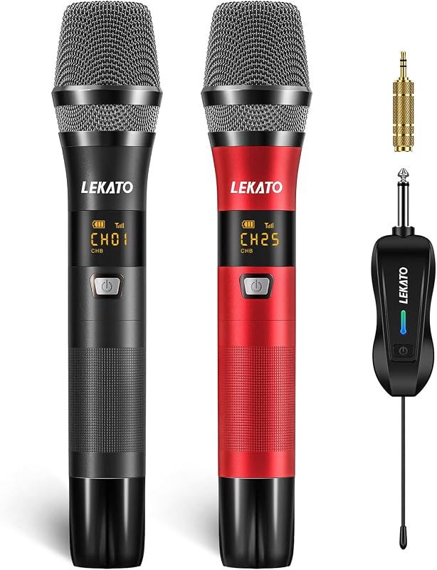 LEKATO Vezeték Nélküli Fém Mikrofon - Újratölthető Kézi Dinamikus Mikrofon Karaoke, DJ, Esküvő, Rendezvény Használatra - 25 Csatornás, Dupla