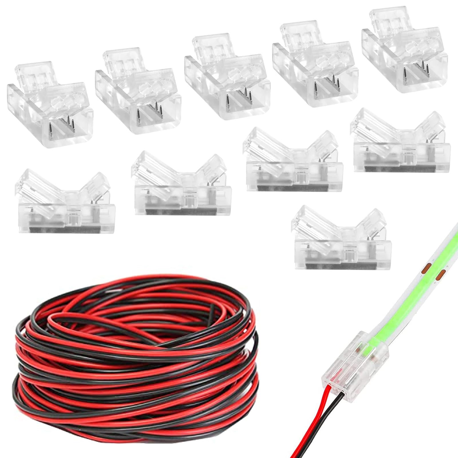Chersun 10 Pack 8mm 2 Pin COB LED Strip Connectors, Including 5m Extension Cable Strip to 22 AWG Stable Connection Wire Connector Compatible with 8mm Wedth COB LED Strip Light Extension Cable