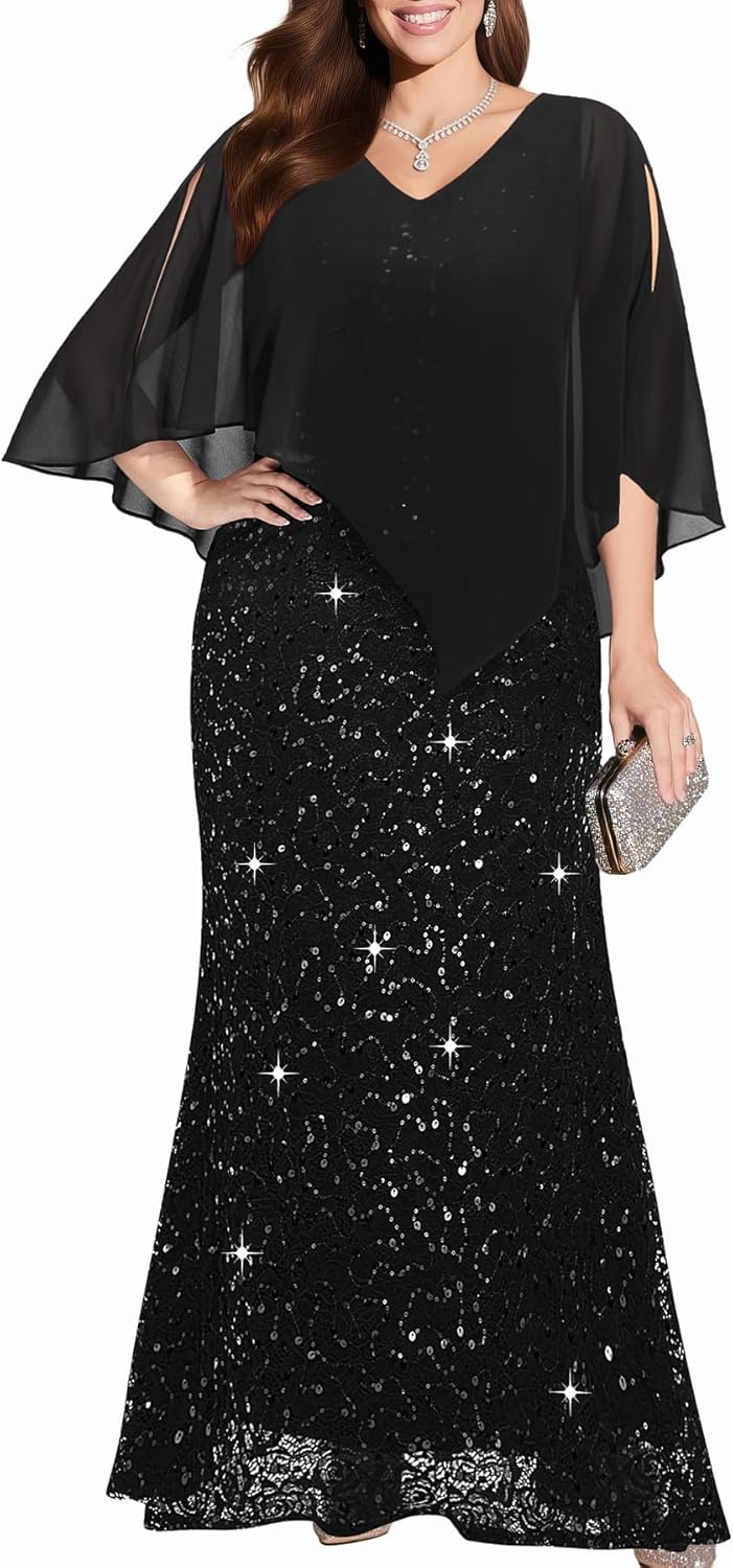 Plus Size Formal Dress - Evening Sequin Lace Long Mermaid Prom Dress with Chiffon Overlay Cape