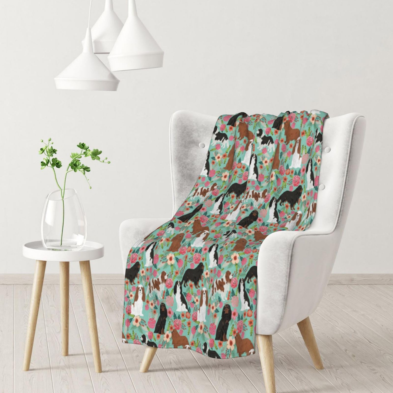YOFIEN Cavalier King Charles Spaniel FloralFlannel Throw Fluffy Blanket for Couch, Soft Cozy Blankets