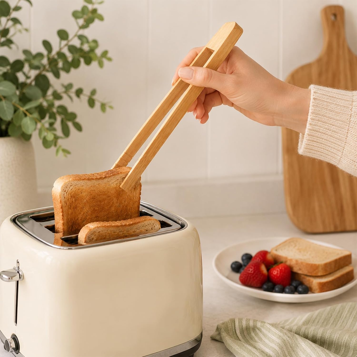 2PCS Bamboo Toaster Tongs, 10 Inch Bamboo Cooking Tongs, Wooden Tong with Anti-slip Design and Serrated Tips, Wooden Kitchen Utensil for Bagels, BBQ, Pastries, Salads, Cheese, Bacon, Muffin, Fruits