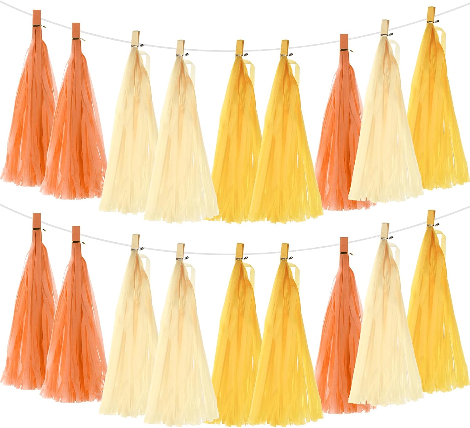 MECCANIXITY 30Pcs Light Yellow,Cream,Orange Tassel Garland Banner with Rope Tissue Paper Tassels Party DIY Kits for Anniversary Wedding Birthday Party